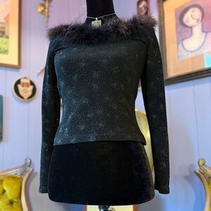 Vintage 90s J.R. Nites By Caliendo Black Feather Trimmed Sparkling Top Size S